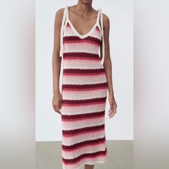 Zara Striped Knit Tie Strap Red Combo Midi Dress NWT - Picture 3 of 4